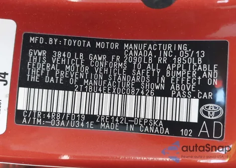 2013 Toyota Corolla S Special Edition из США, поврежденный, VIN 2T1BU4EEXDC087426